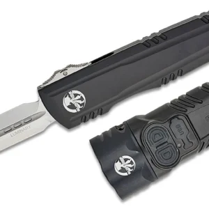 Microtech/SureFire Collaboration Luminary AUTO OTF Knife Box Set 3.625" M390MK Stonewashed Double Edge Dagger Blade, Black Machined Aluminum Handles, Includes SureFire Stiletto Pro II EDC Flashlight - 1270-10SET