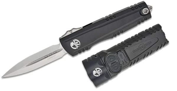 Microtech/SureFire Collaboration Luminary AUTO OTF Knife Box Set 3.625" M390MK Stonewashed Double Edge Dagger Blade, Black Machined Aluminum Handles, Includes SureFire Stiletto Pro II EDC Flashlight - 1270-10SET